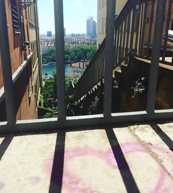 Vue à travers la rambarde des escaliers de la Croix-Rousse sur Lyon et ses toits