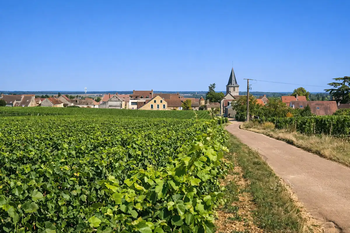 Chemin entre les vignes menant à un village viticole bourguignon avec clocher