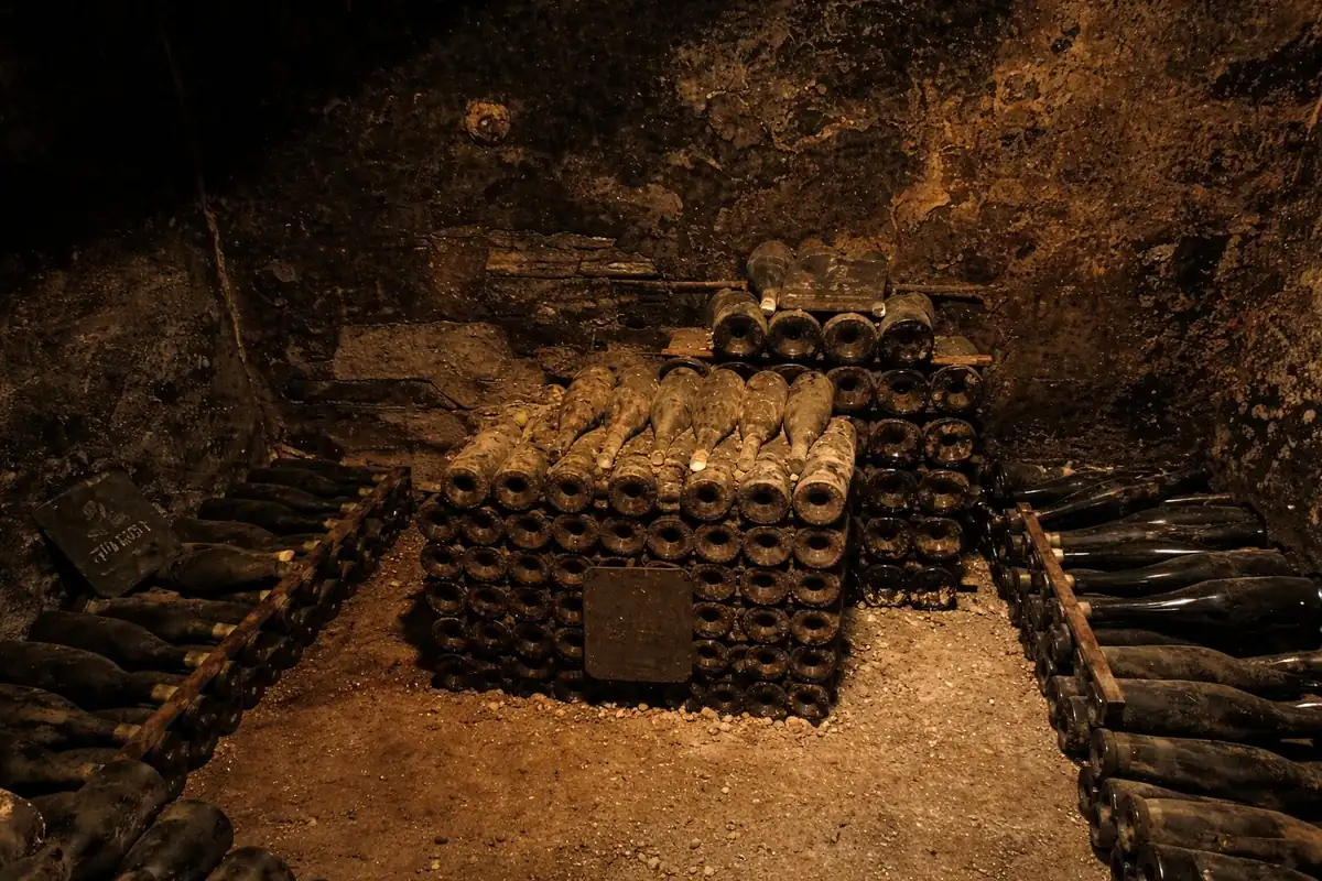 Cave ancienne de Beaune : bouteilles poussiéreuses empilées dans l'obscurité d'une cave taillée dans la roche