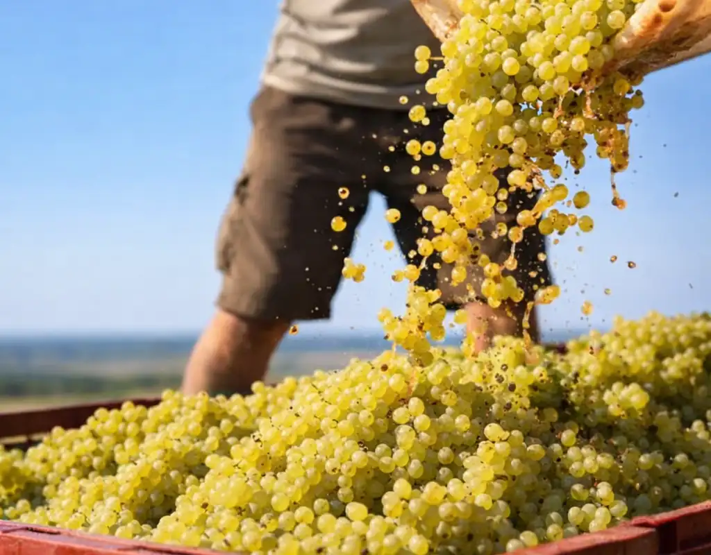Vendangeur versant des grappes de chardonnay blanc dans une cagette lors des vendanges