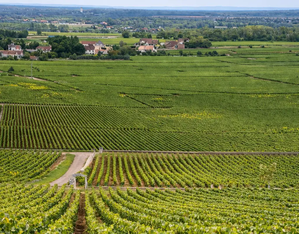 Vue panoramique sur les vignobles de la Côte de Beaune depuis les hauteurs en été