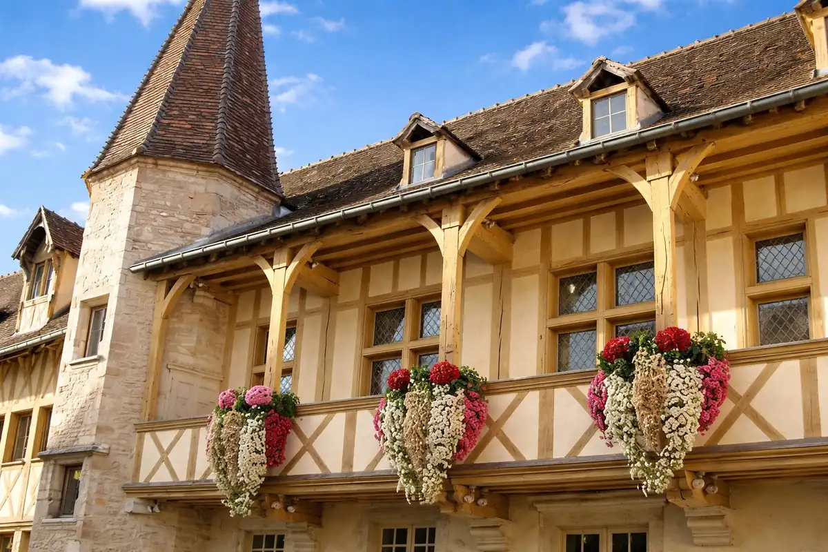 Façade bourguignonne à colombages avec balcons fleuris de géraniums et glycines à Beaune