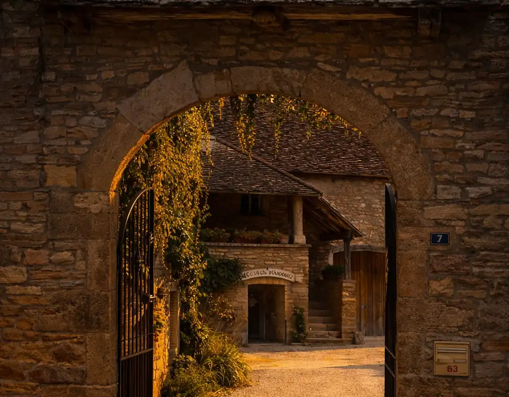 Portail en pierre d'un domaine viticole bourguignon au coucher du soleil, entrée en fer forgé