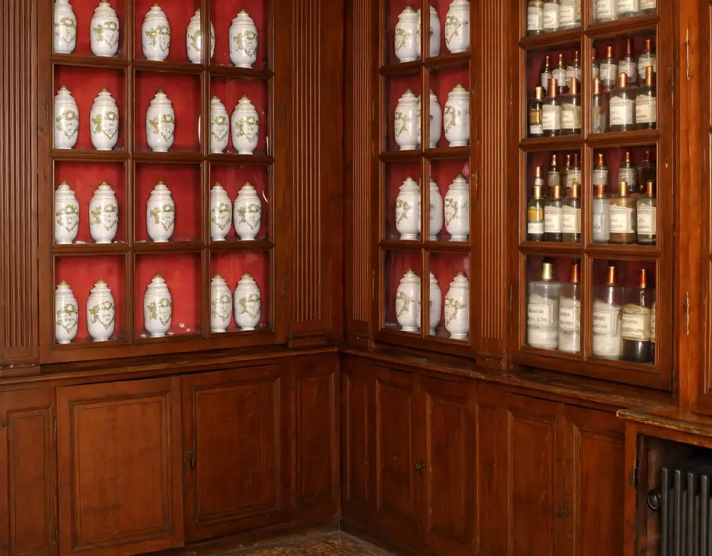 Apothicairerie des Hospices de Beaune : étagères en bois garnie de pots en faïence et de bouteilles anciennes dans leurs vitrines