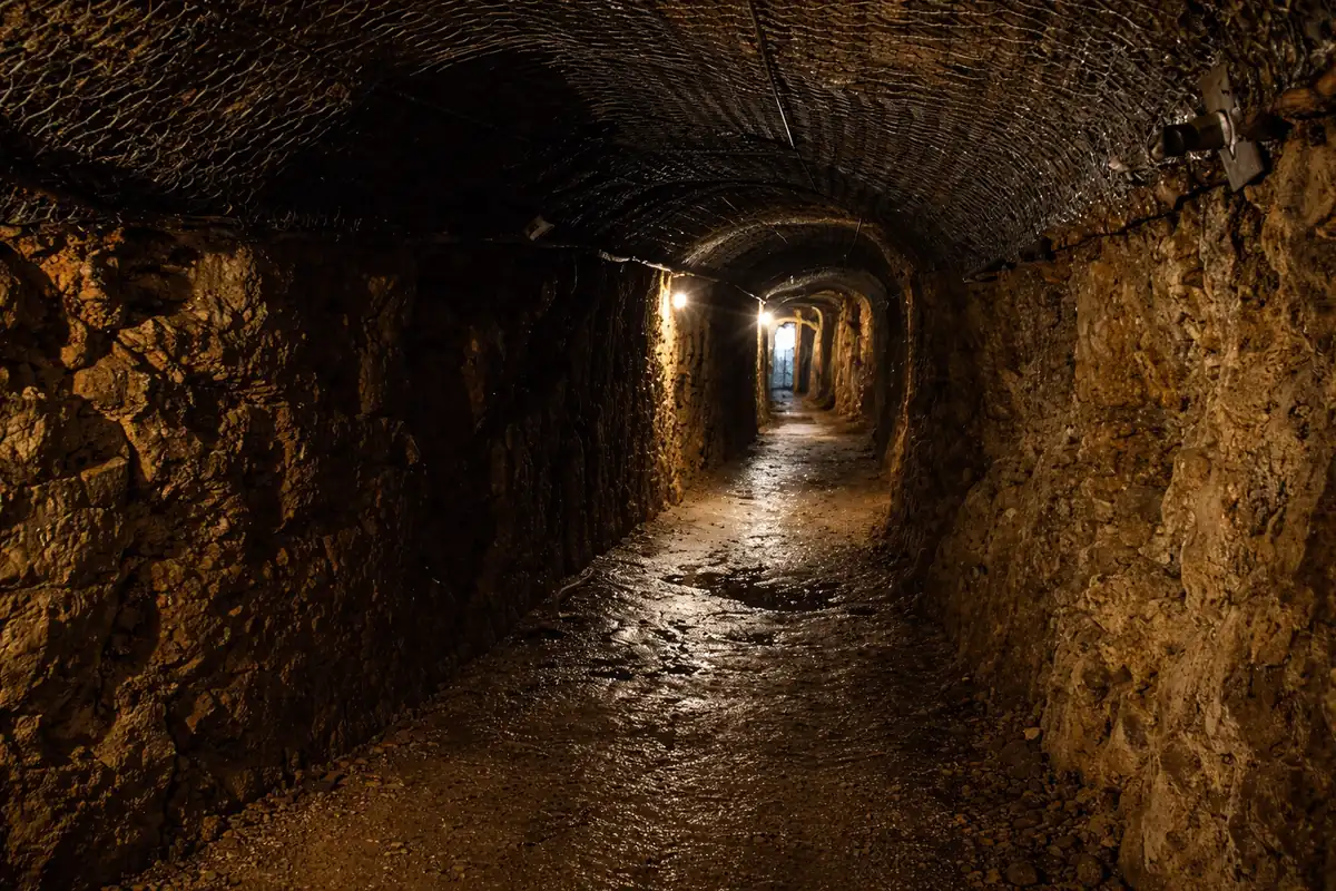 Le couloir de la prison du château de Joux, sombre et humide