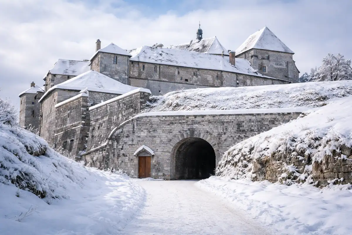 L'entrée du château de Joux — passage entre les remparts de pierre massifs